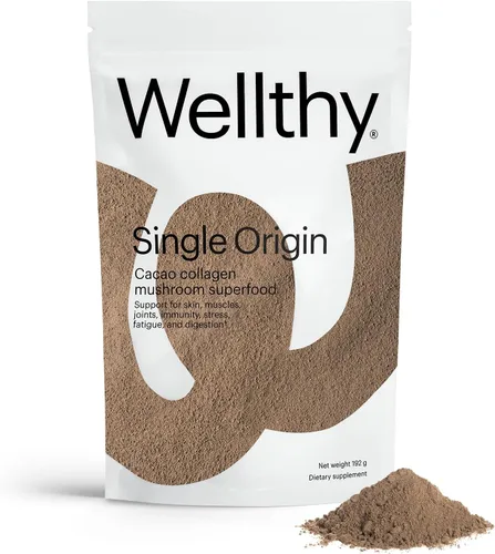 Wellthy Superalimento en polvo de colágeno, combate el estrés y la fatiga, cacao, polvo de hongos, extractos orgánicos de chaga y reishi, matcha