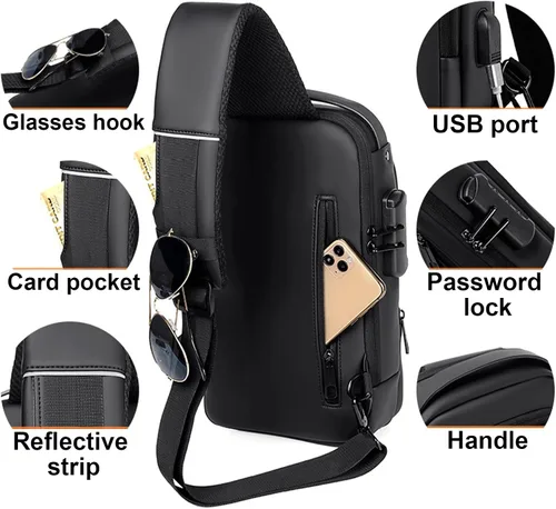 Miniatura 3 de Pequeñas bolsas antirrobo para hombre, mochila con correa USB, impermeable, ligera, con una correa, Negro -, Mochilas Daypack