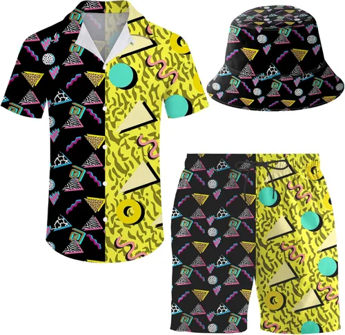Conjunto deportivo de 2 piezas para hombre, camisa hawaiana, pantalones cortos, camisa con botones y pantalones cortos con sombreros de pescador