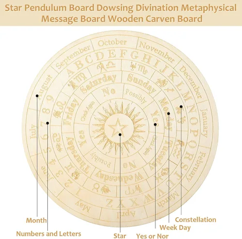 Miniatura 7 de Tablero de péndulo de estrellas de madera, tablero de mensajes metafísicos de adivinación para brujería, kit de suministros de altar wicca
