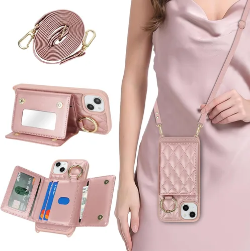 Funda para iPhone 14 Plus con tarjetero y correa para mujer, cordón cruzado, espejo de maquillaje, soporte de anillo, cierre a presión, bonitas Rosa