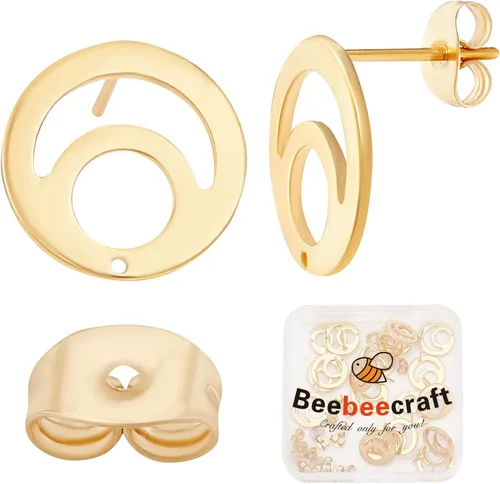 Miniatura 9 de Beebeecraft 1 caja, 20 aretes chapados en oro de 18 quilates con bucle, aretes geométricos de círculo simple con 20 piezas de mariposa para hacer