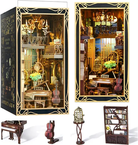 Miniatura 9 de MiniCity - Kit de manualidades para rincón de lectura, estantería de libros, inserto de estantería de madera, rompecabezas 3D, sujetalibros con luz