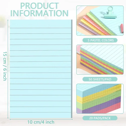 Miniatura 2 de Thenshop Paquete de 20 500 hojas (50/bloc) de notas adhesivas forradas de 4 x 6 pulgadas, color pastel, grandes bloc de notas con líneas rayadas