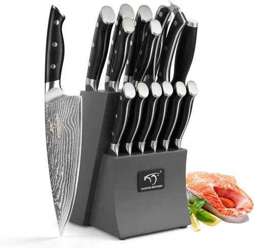 Damascus - Juego de cuchillos de cocina de 15 piezas con bloque, mango ergonómico de ABS para juego de cuchillos de chef y cuchillos de carne