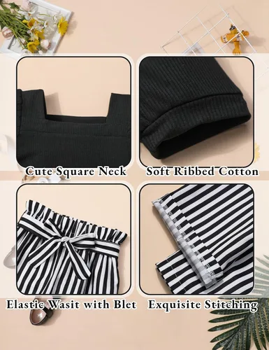 Miniatura 6 de DONWEN Conjunto de 3 piezas de ropa para niñas pequeñas y niñas con cuello cuadrado + pantalones elegantes + diadema para primavera y verano