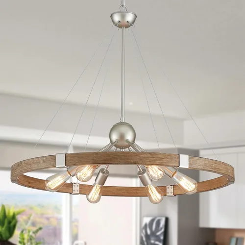Miniatura 10 de XINGQI Lámpara de araña grande de 38 pulgadas con ruedas de carro, moderna lámpara colgante de níquel cepillado, 8 luces rústicas para comedor, sala