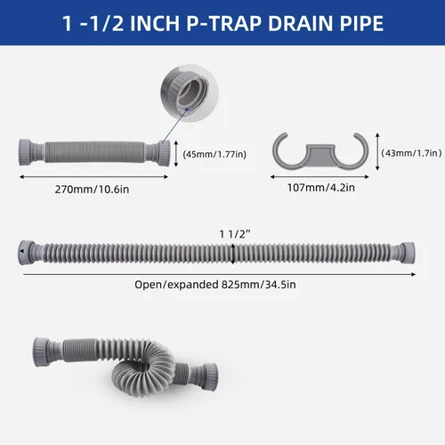 Miniatura 2 de iFealClear P-Trap - Tubo de drenaje para fregadero con 4 anillos de sellado de goma, tubos de drenaje flexibles de 11 a 34.5 pulgadas, tubo