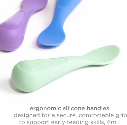 Miniatura 4 de Ubbi Cucharas de entrenamiento de silicona para bebés, paquete de 3 utensilios de autoalimentación de punta suave para el destete del bebé, cucharas