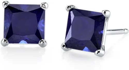 Peora Aretes tipo dormilona de oro blanco sólido de 14 quilates con zafiro azul creado para mujer, 2.75 quilates de corte princesa grado AAA,
