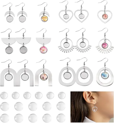 Miniatura 16 de FASHEWELRY 54Pcs Bandejas de bisel para pendientes de acero inoxidable en blanco Geometría rombos lágrima con cabujones de vidrio redondo de 12 mm