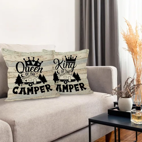 Miniatura 6 de Juego de 2 fundas de almohada con diseño de King Queen of The Camper, divertidos regalos para parejas, parejas de campamento, 18 x 18 pulgadas