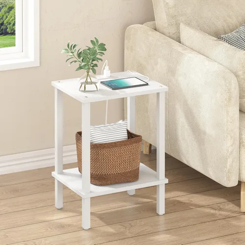Miniatura 17 de TUTOTAK Mesa auxiliar con estación de carga, pequeña mesa auxiliar con tomas de corriente, mesita de noche, mesa de cabecera, estante de Gris beige