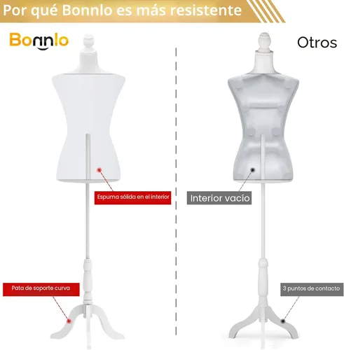Miniatura 3 de Bonnlo Maniquí de costura, apto para clavar alfileres, para vestido de mujer, con base de trípode de madera., Blanco, 6