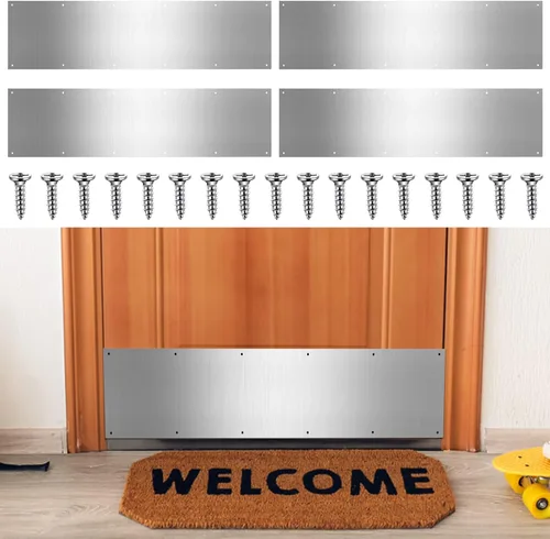 Therwen 5 juegos de placas protectoras plateadas de 8 x 36 pulgadas para puertas exteriores, placas protectoras de aluminio satinado con tornillos