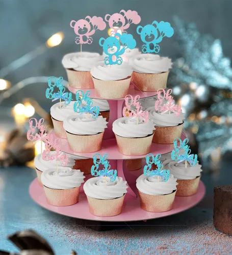Miniatura 6 de 36 piezas de decoración de cupcakes con lazo rosa y azul para revelación de género, temática de niño o niña, decoración de cupcakes de papel