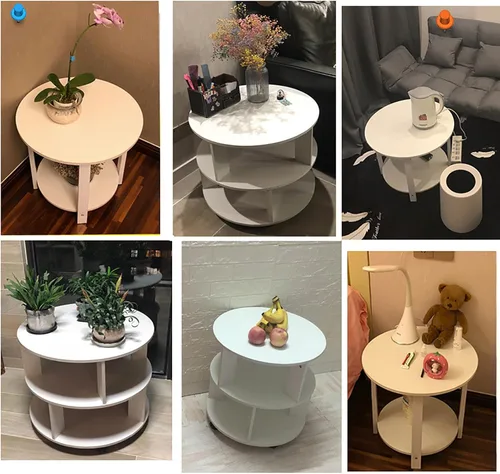 Miniatura 5 de Mesa auxiliar redonda moderna con almacenamiento, mesita de noche con estantes de 2 niveles, mesa de centro pequeña de madera con ruedas, mesa