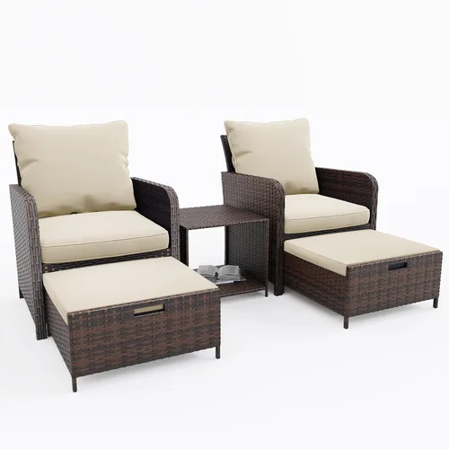UDPATIO Silla de mimbre para patio con otomana Hiddern para balcón, juego de conversación de patio de 5 piezas con mesa auxiliar para porche
