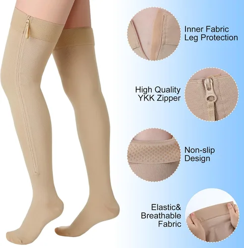Miniatura 4 de Calcetines de compresión con cremallera alta para el muslo de 20-30 mmHg, medias de compresión con cremallera hasta el muslo para mujeres y hombres