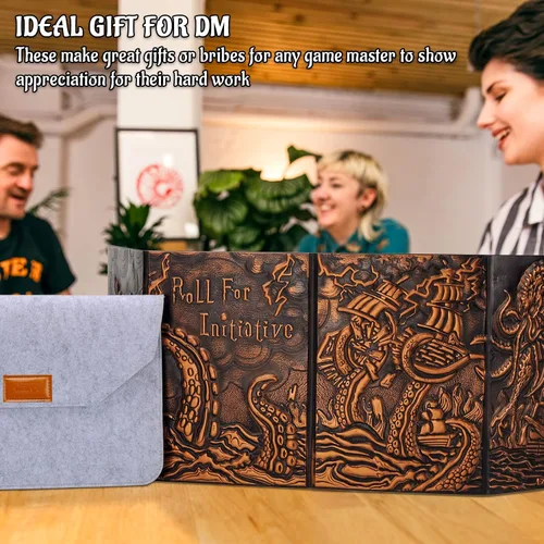 Miniatura 6 de CZYY DND Pantalla de Dungeon Master de Cuatro Paneles con Bolsillos, Cuero Sintético con Relieve 3D con Cthulhu - Incluye Insertos de Pantalla DM