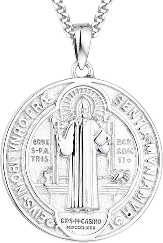 WIOY Collar de medalla de San Benito de plata de ley 925 regalo de joyería católica de San Benito para hombres y mujeres