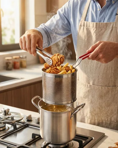 Miniatura 2 de Freidora de acero inoxidable de 3.2 cuartos de galón con cesta y tapa, sartén profunda multifuncional con colador para cocinar en casa