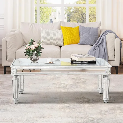 Miniatura 10 de Polibi Mesa de centro con espejo plateado, mesa central rectangular tallada vintage de vidrio con acabado de espejo para sala de estar y oficina