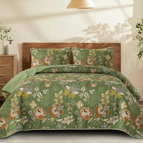 Miniatura 14 de WONGS BEDDING Juego de colcha tamaño Queen, juego de ropa de cama con estampado botánico negro, 3 piezas, colcha floral con 2 fundas de almohada