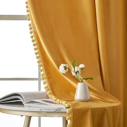 Miniatura 6 de MIULEE - Cortinas de terciopelo con pompones amarillo mostaza para habitación/sala de estar, cortinas opacas para otoño, aislantes térmicos, de 84