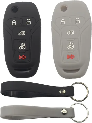 Miniatura 6 de 2 fundas protectoras de silicona de goma negra con 5 botones para llave de control remoto inteligente sin llave con llavero compatible con Ford 2
