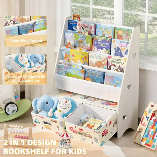 Miniatura 4 de Lerliuo Estantería infantil de 5 niveles, estante beige para libros con 2 cajones, estantería de madera para bebés y niños, estantes de exhibición