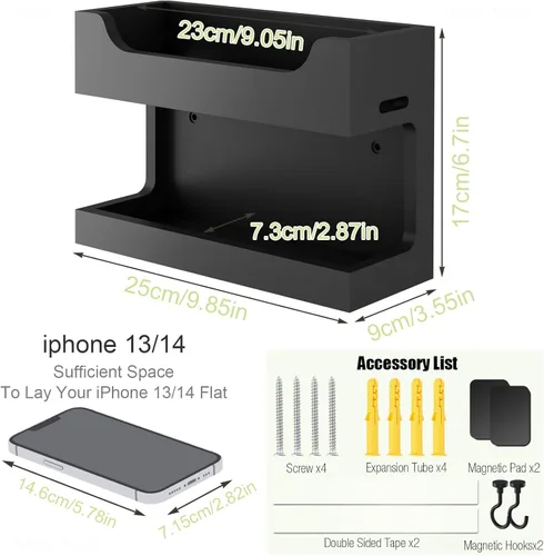 Miniatura 2 de NiHome Organizador de Accesorios para Cama Montado en la Pared, Estantería de Almacenamiento para Mesita de Noche con Dos Bandejas y Ganchos Negro