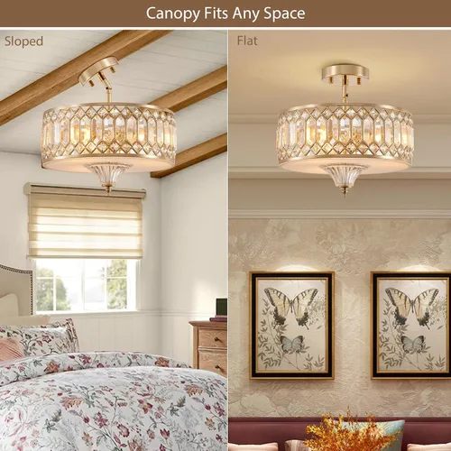 Miniatura 5 de Gold Crystal Ceiling Light Fixture for Hallway Foyer Bedroom Kitchen Island, 13" Modern Drum Round Close to Ceiling Light Fixture, 3-Light, Brushed