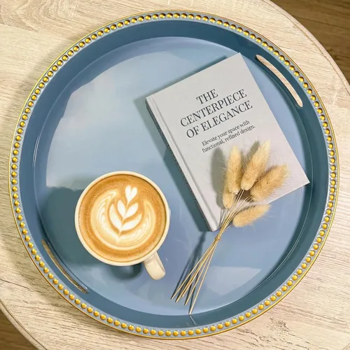 Miniatura 5 de Bandeja decorativa azul para mesa de café, bandeja de servir redonda de plástico con cuentas para encimera de cocina, otomana, sala de estar, (13")
