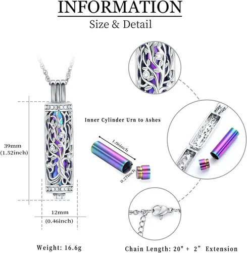 Miniatura 9 de shajwo Joyería de cremación cilíndrica, collar de cenizas de urna del árbol de la vida para mujeres y hombres, vial de cremación de cenizas