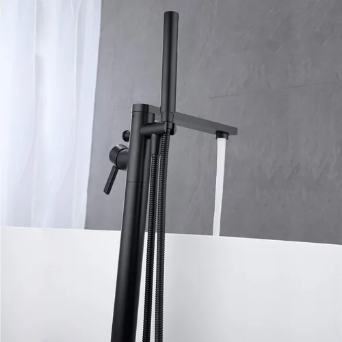 Miniatura 5 de Wowkk Grifo de bañera independiente Llenador de bañera Negro Montaje en piso Latón de una sola manija Grifos de baño con ducha de mano Oro cepillado