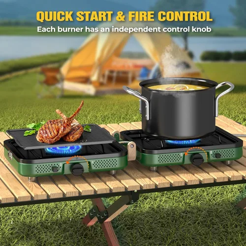 Miniatura 3 de Estufa de campamento de 2 quemadores, estufa de campamento de propano de 10000 BTU, estufa portátil plegable de gas, equipo esencial de campamento