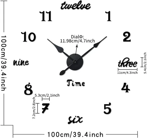 Miniatura 4 de Moderno reloj de pared grande sin marco, funciona con pilas, espejo 3D, relojes de pared decorativos para decoración de sala de estar (negro)