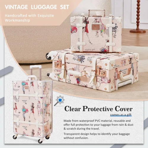 Miniatura 6 de Unitravel Juego de equipaje vintage, juego de maleta de mano para mujer con cerradura TSA, baúl giratorio de piel sintética con funda de tren de 12