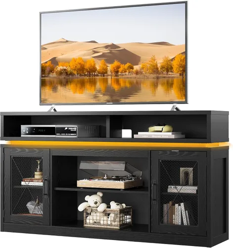 WLIVE Farmhouse TV Stand for TVs Up to 65 Inches, Tall Entertainment Center with Storage Cabinets & LED Lights, Media Console for Living Room,