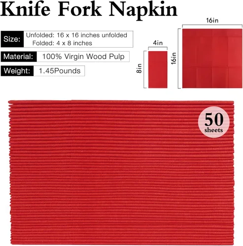 Miniatura 3 de Servilletas rojas desechables con sensación de lino con bolsillo integrado para cubiertos, preplegadas para cuchillos y tenedores, servilletas