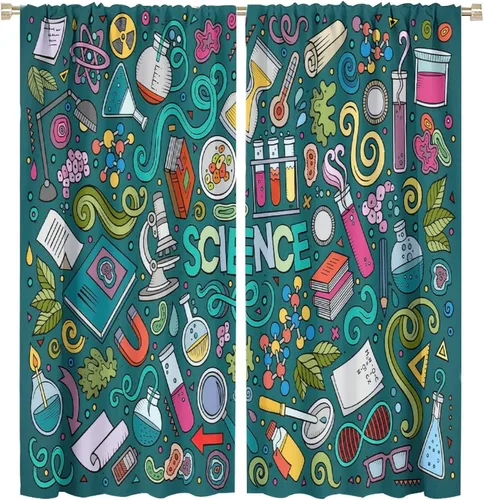 Miniatura 63 de Cortinas opacas para ventanas de ciencia para niños, lupa de libro de laboratorio de ciencia, lupa, frascos moleculares, cortinas impresas