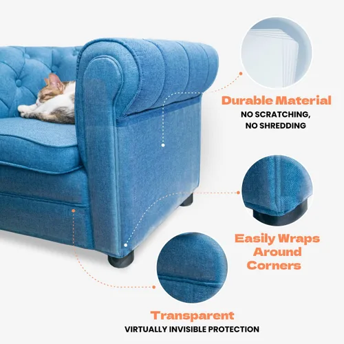 Miniatura 3 de Protector de sofá para arañazos para gatos, 10 hojas XL, transparente (casi invisible), extra duradero, fácil de personalizar, protector de muebles