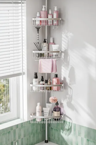 Miniatura 8 de Organizador de Ducha de Esquina con Barra de Tensión: Organizador Ajustable a Prueba de Óxido de 4 Niveles para el Interior del Baño - 120-307 cm