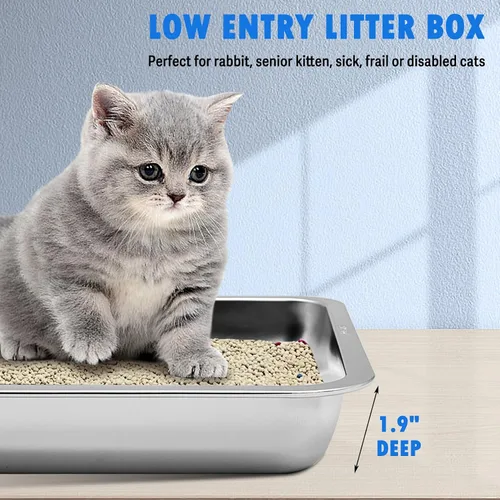 Miniatura 3 de BNOSDM 4 bandejas de arena de acero inoxidable para gatos de entrada baja, bandeja de arena de metal poco profunda, caja antiadherente para gatos