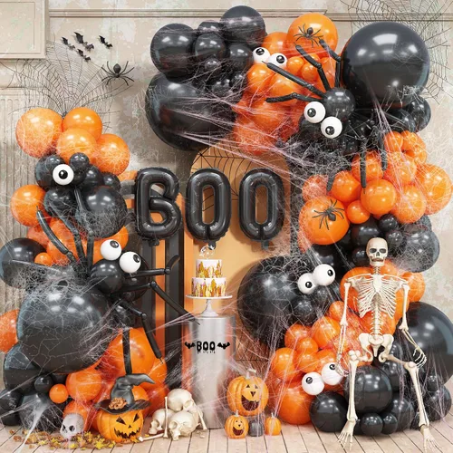 Miniatura 17 de Kit de arco de guirnalda de globos de Halloween, 116 piezas de arco de globos naranja y negro blanco, globos de papel de aluminio con estrella
