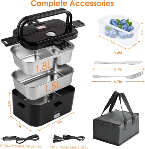 Miniatura 6 de Kabbas Lonchera eléctrica portátil de 1.8 L para adultos, lonchera térmica de 100 W para hombres con doble contenedor extraíble, calentador