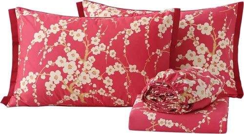 Miniatura 12 de ABREEZE Juego de sábanas de algodón egipcio tamaño individual (1000 hilos) floral y fundas de almohada (4 piezas), sábanas de algodón egipcio