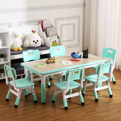 Miniatura 12 de Juego de mesa y silla para niños, altura ajustable, mesa de artes y manualidades y juego de 6 sillas para edades de 2 a 10 años, máximo 300 libras
