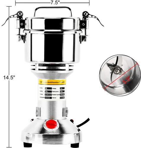 Miniatura 2 de DasMarine Molinillo eléctrico de grano de alta velocidad de 17.64 oz, molinillo de especias de acero inoxidable comercial con motor de 2500 W, malla
